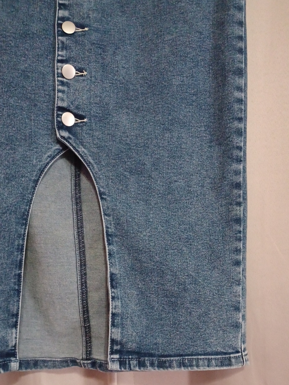 Flamingals Medium Wash Denim Button Front Split Hem Midi Skirt Pockets Stretch M - Picture 7 of 15